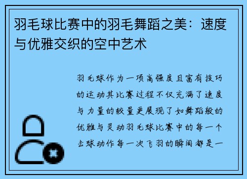 羽毛球比赛中的羽毛舞蹈之美：速度与优雅交织的空中艺术